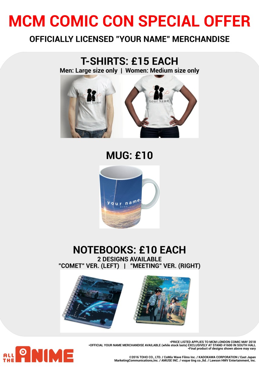 Your Name merchandise available exclusively from All The Anime stand at MCM London Comic Con - May 2018